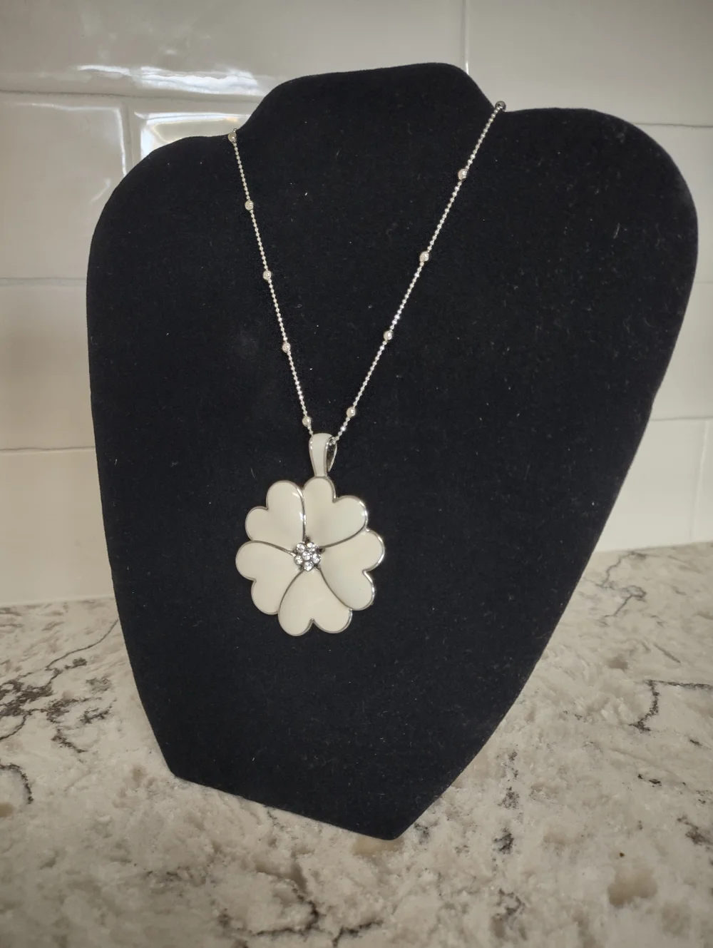Lia Sophia Lucky in Love Necklace Retired White Enamel Heart Flower Pendant